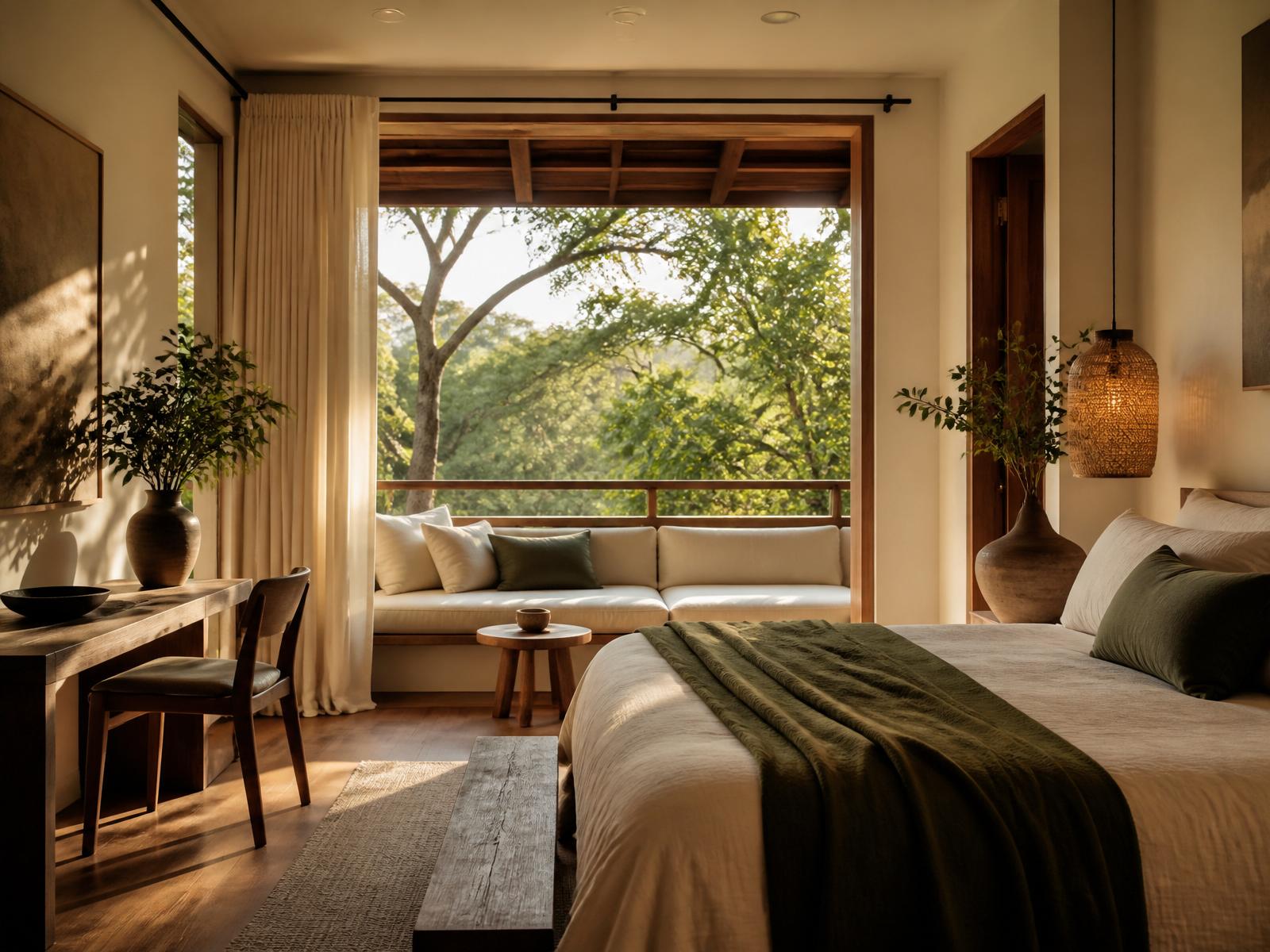 A calm, well-appointed vacation rental interior at golden hour.